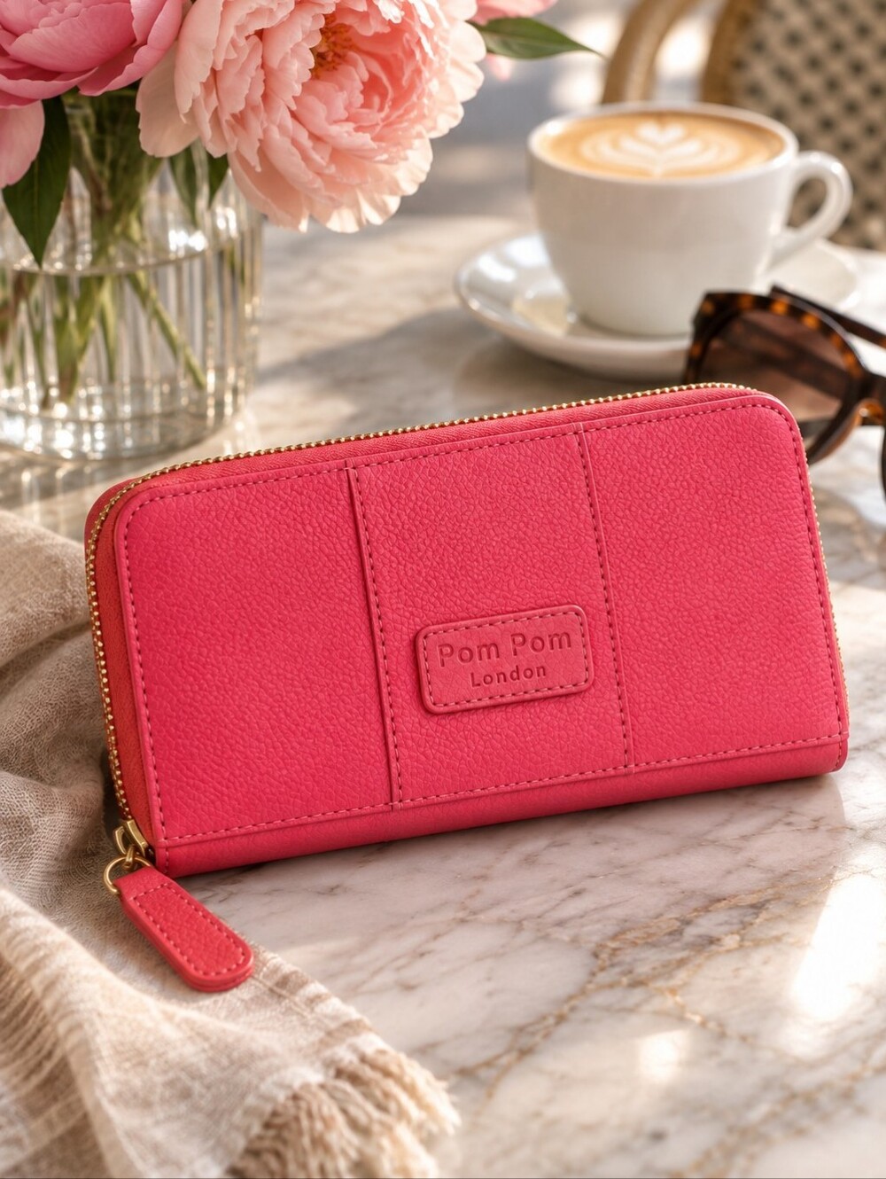 POM POM LONDON TEA ROSE Coral Zip-Around Women's Wallet - Sleek Coral Carry